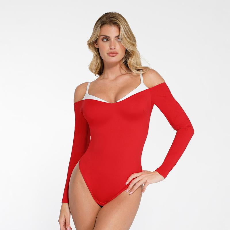 Popilush Long Sleeve Cold Shoulder Shapewear Bodysuit PSA