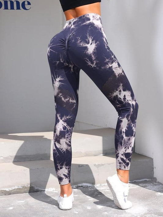 Women'S Tie Dye Hollow Out High Waist Leggings, Casual Seamless Ruched Skinny Pants for Yoga Gym Workout Running, Summer Clothes Women