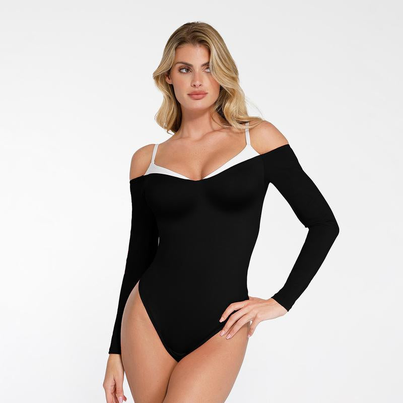 Popilush Long Sleeve Cold Shoulder Shapewear Bodysuit PSA