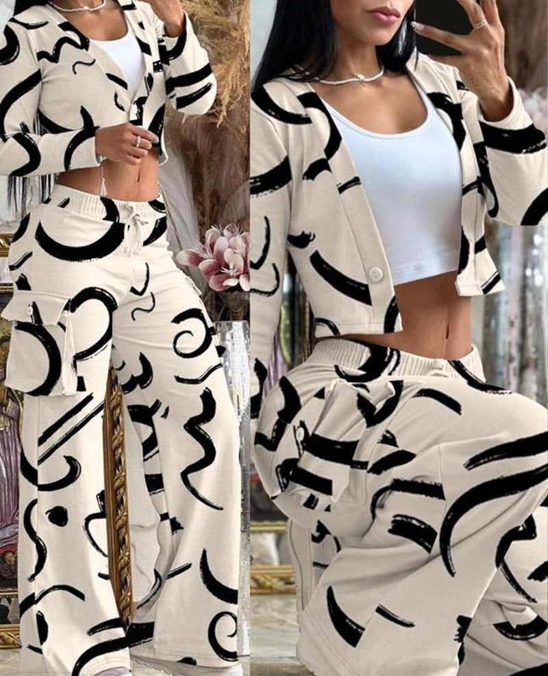 2025 Trendy Women'S Two-Piece Outfit with Long Sleeve Crop Top & Patchwork Wide Leg Pants - Comfortable Loungewear Set with Pockets Comfort Womenswear