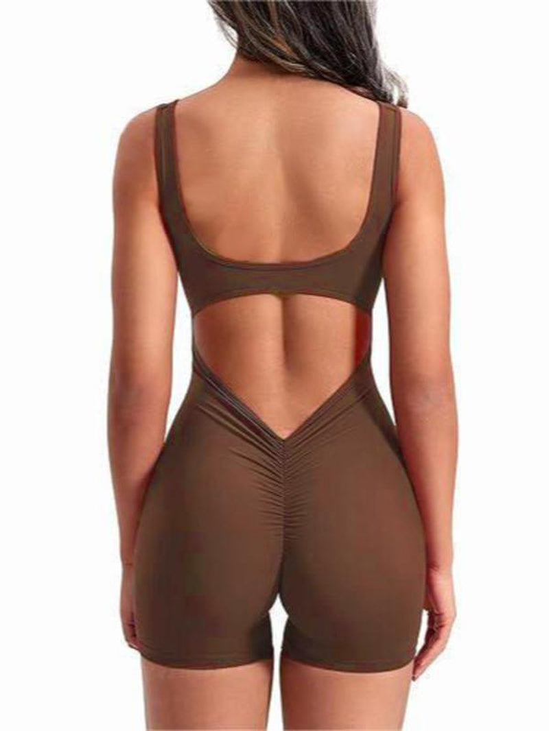 Women'S Solid Cut Out Backless Ruched Scoop Neck Romper, Casual Sporty Sleeveless Bodycon Bodysuit for Yoga Gym Workout, Ladies Clothes for All Seasons