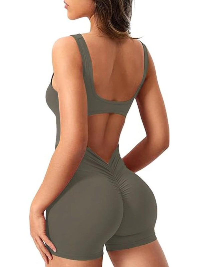 Women'S Solid Cut Out Backless Ruched Scoop Neck Romper, Casual Sporty Sleeveless Bodycon Bodysuit for Yoga Gym Workout, Ladies Clothes for All Seasons