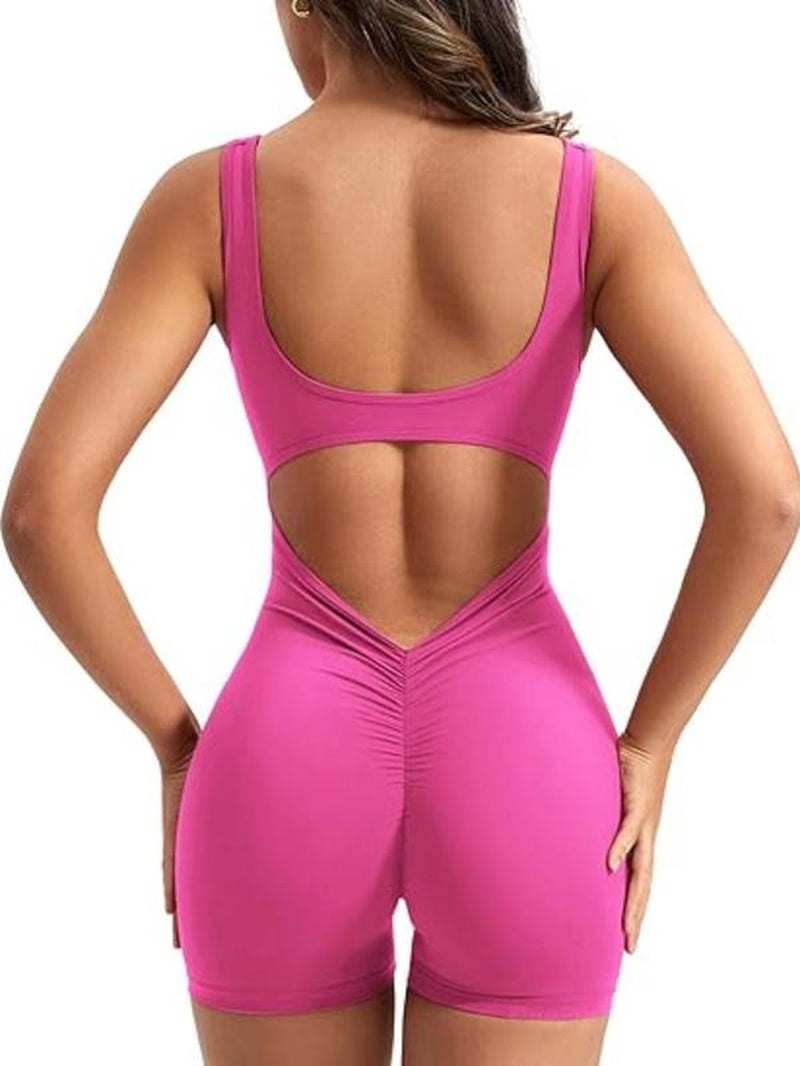 Women'S Solid Cut Out Backless Ruched Scoop Neck Romper, Casual Sporty Sleeveless Bodycon Bodysuit for Yoga Gym Workout, Ladies Clothes for All Seasons