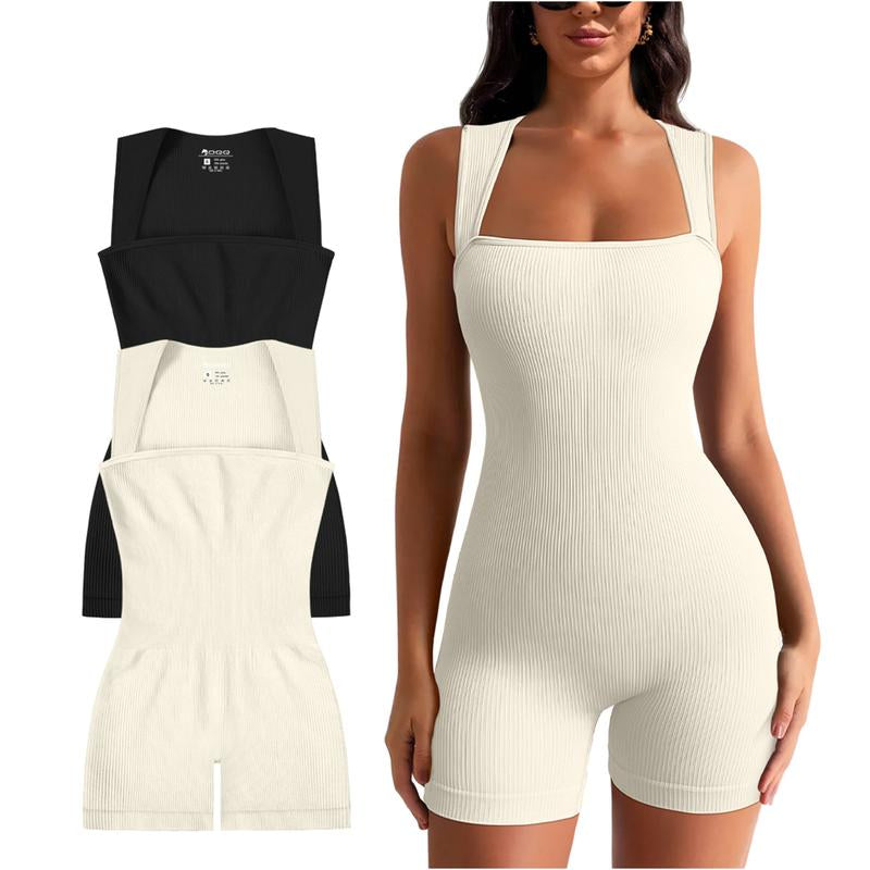 OQQ Women 2 Piece Casual Rompers Yoga Stretch Strappy Square Neck Sleeveless Exercise Rompers