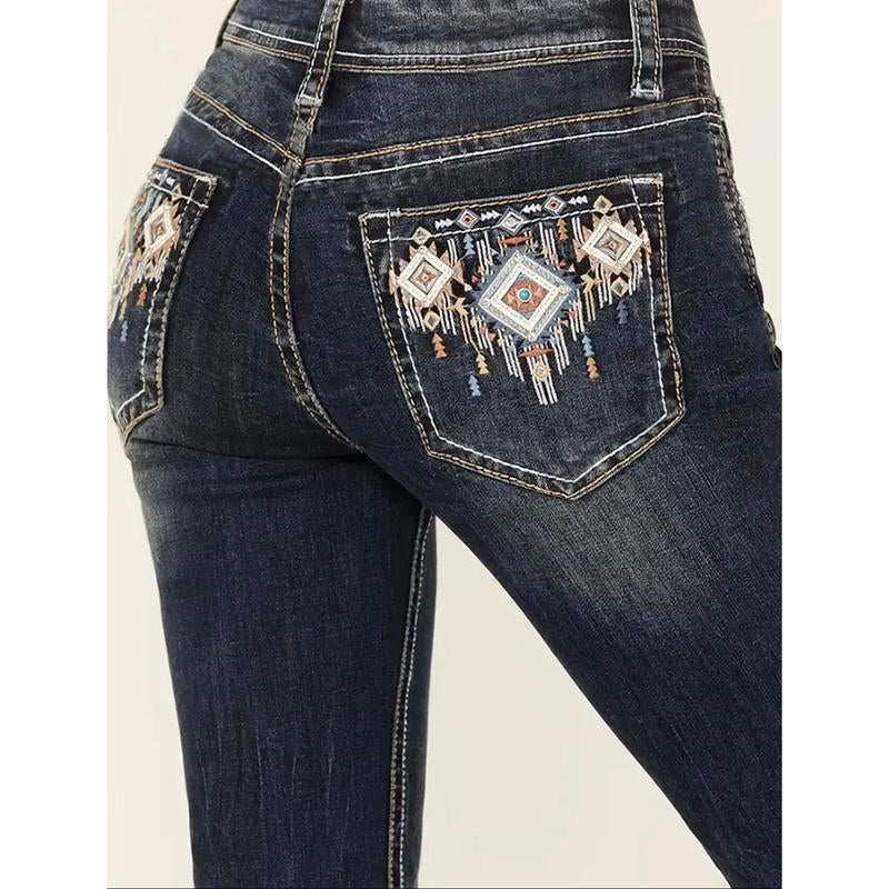 Mid-Waist Embroidered Detail Patch Pocket Retro Style Jeans, Whiskering, Denim Pants, Jeans Slim-Fitting Vintage Bootcut Jeans Womenswear Dark