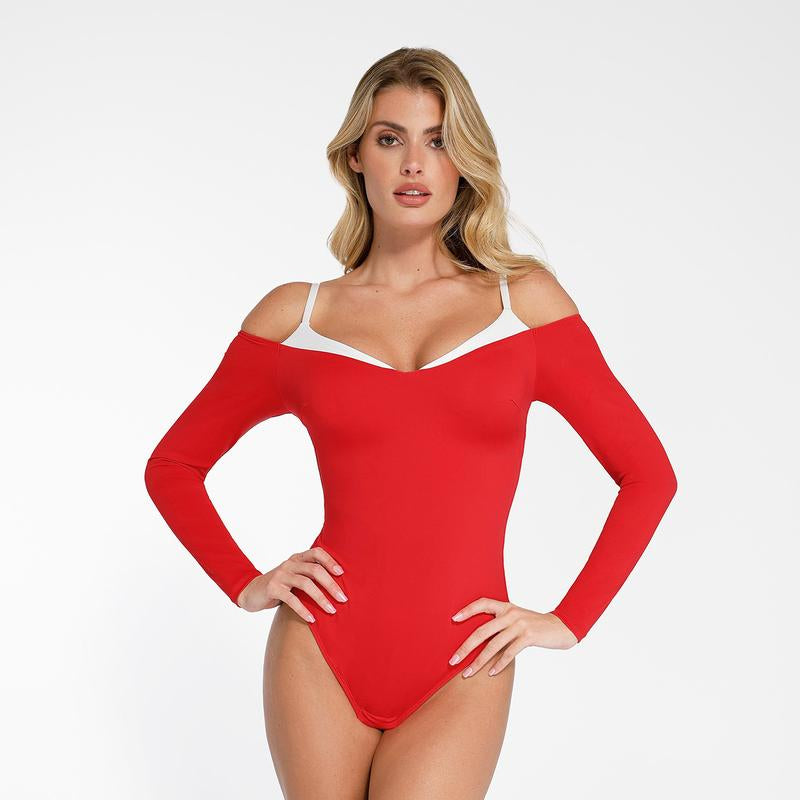 Popilush Long Sleeve Cold Shoulder Shapewear Bodysuit PSA