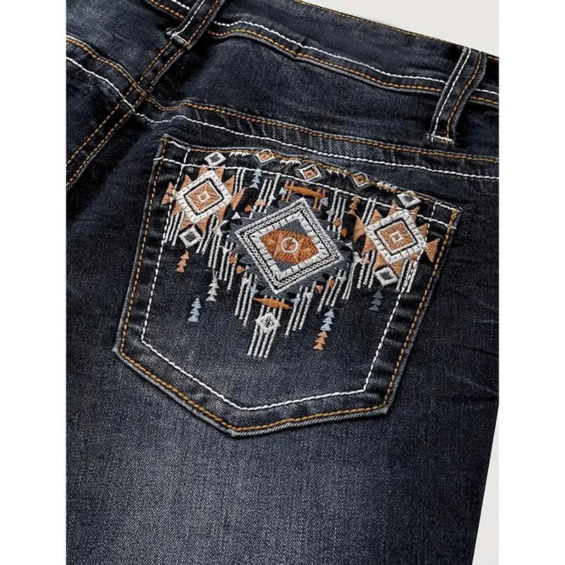 Mid-Waist Embroidered Detail Patch Pocket Retro Style Jeans, Whiskering, Denim Pants, Jeans Slim-Fitting Vintage Bootcut Jeans Womenswear Dark