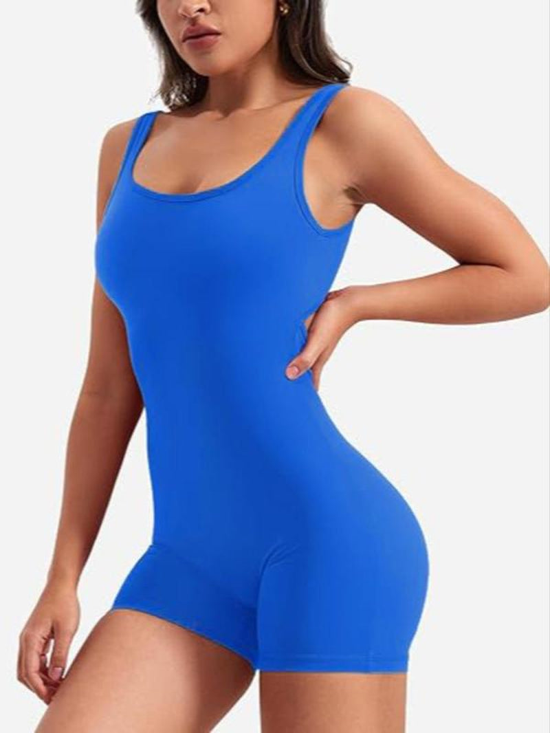 Women'S Solid Cut Out Backless Ruched Scoop Neck Romper, Casual Sporty Sleeveless Bodycon Bodysuit for Yoga Gym Workout, Ladies Clothes for All Seasons