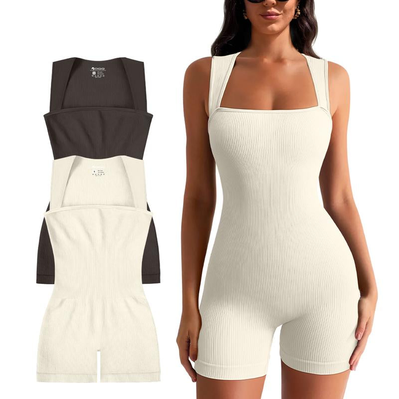 OQQ Women 2 Piece Casual Rompers Yoga Stretch Strappy Square Neck Sleeveless Exercise Rompers