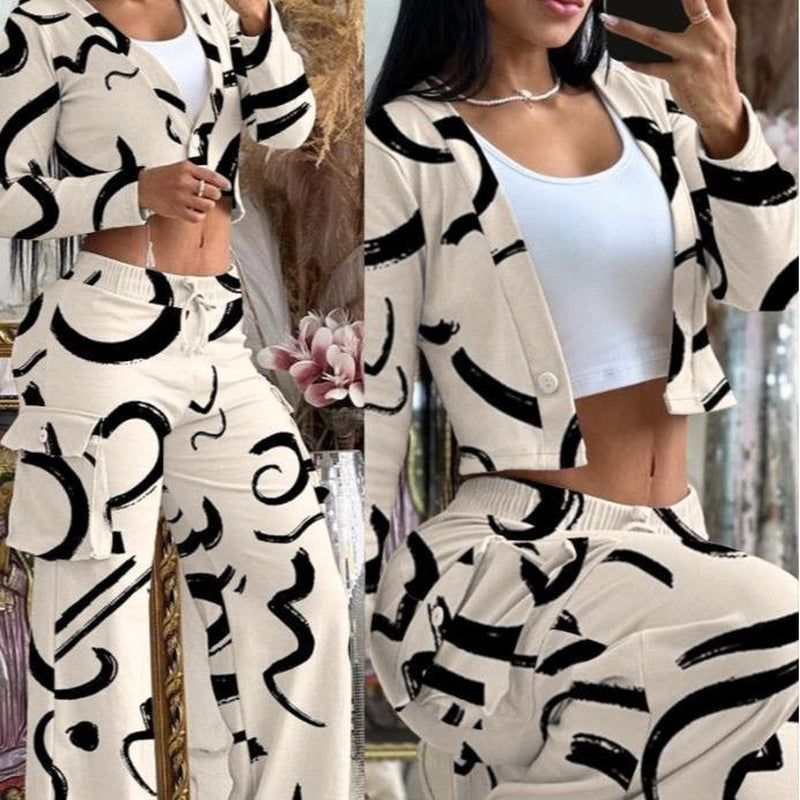 2025 Trendy Women'S Two-Piece Outfit with Long Sleeve Crop Top & Patchwork Wide Leg Pants - Comfortable Loungewear Set with Pockets Comfort Womenswear