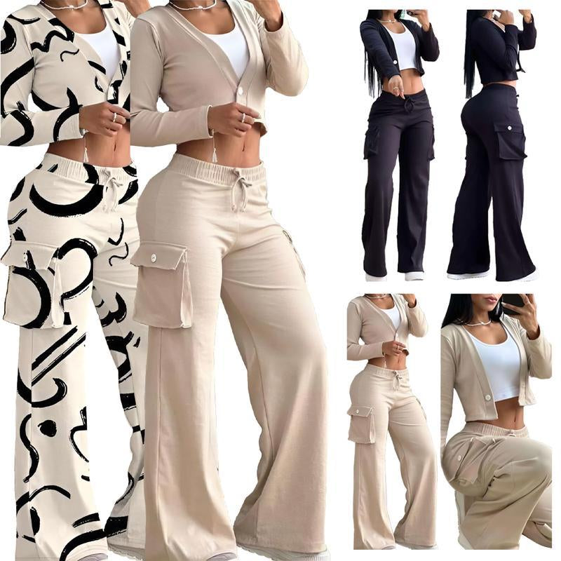 2025 Trendy Women'S Two-Piece Outfit with Long Sleeve Crop Top & Patchwork Wide Leg Pants - Comfortable Loungewear Set with Pockets Comfort Womenswear