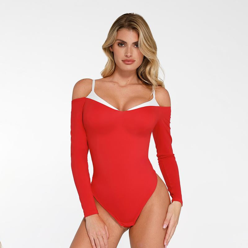 Popilush Long Sleeve Cold Shoulder Shapewear Bodysuit PSA