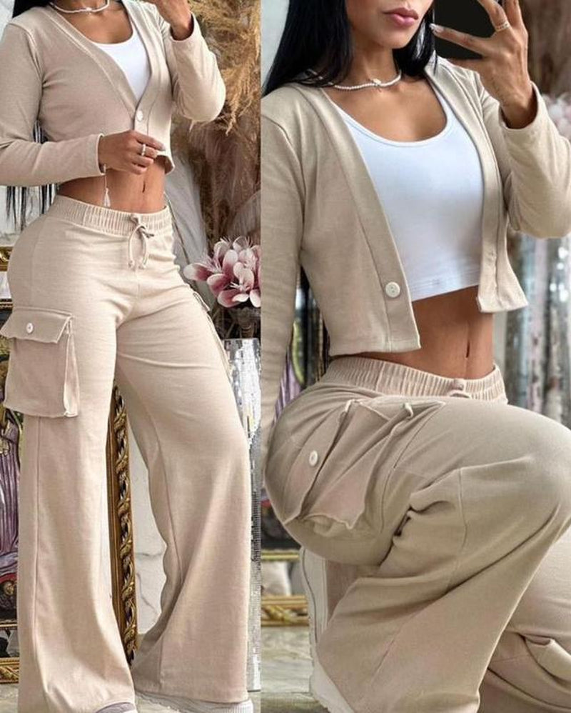 2025 Trendy Women'S Two-Piece Outfit with Long Sleeve Crop Top & Patchwork Wide Leg Pants - Comfortable Loungewear Set with Pockets Comfort Womenswear