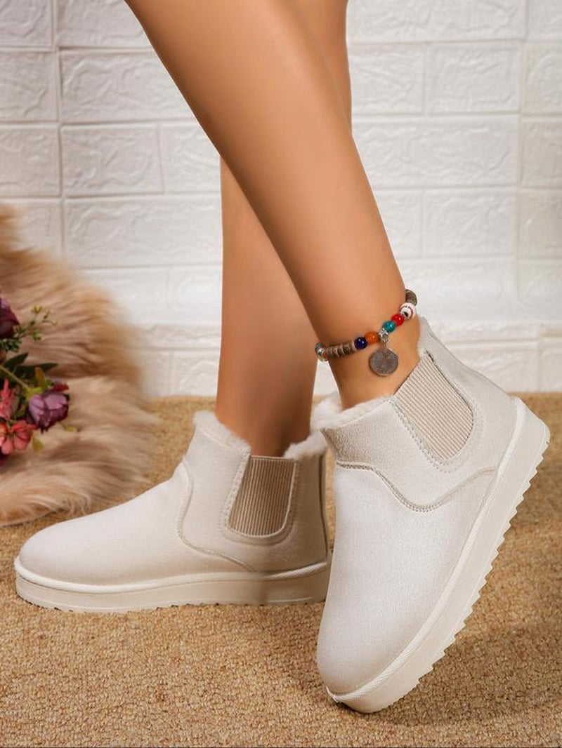 Women'S Fashionable Solid Color Slip on Snow Boots, Casual Comfortable Warm Flat Boots for Winter, Female All-Match round Toe Shoes for Daily Wear