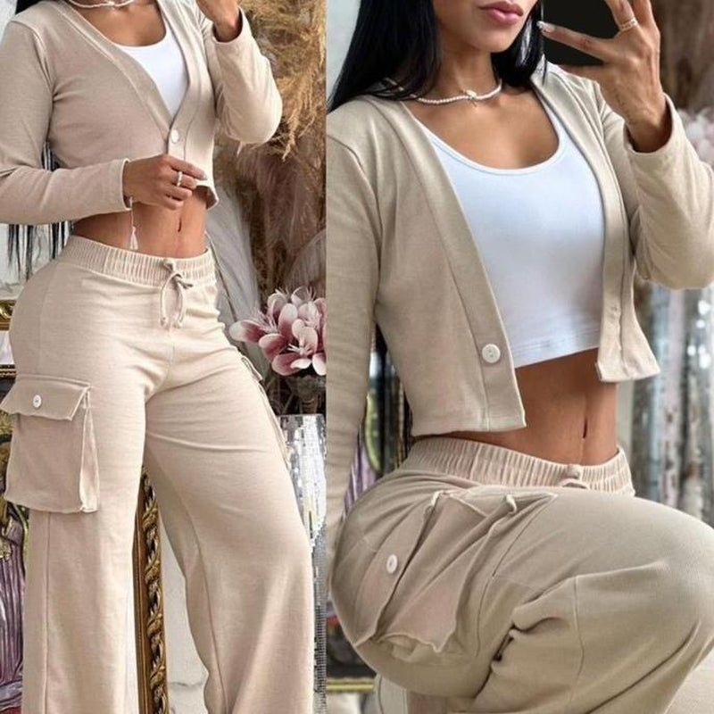 2025 Trendy Women'S Two-Piece Outfit with Long Sleeve Crop Top & Patchwork Wide Leg Pants - Comfortable Loungewear Set with Pockets Comfort Womenswear